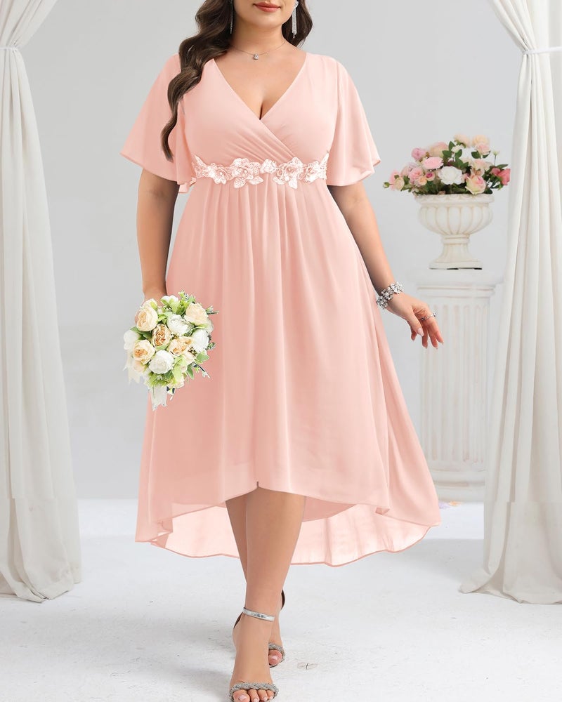Talisea Plus Size Pink Dress Formal Wedding Guest Bridesmaid Mother of Bride Chiffon V Neck Short Sleeve High Low Dresses Women - Image 3