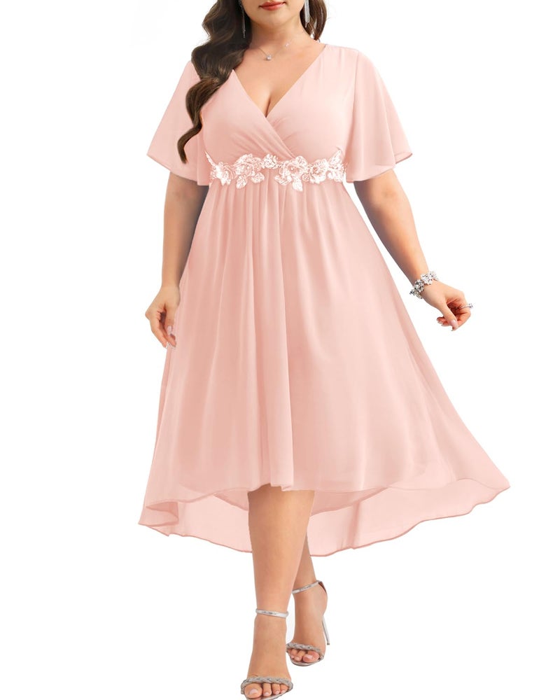 Talisea Plus Size Pink Dress Formal Wedding Guest Bridesmaid Mother of Bride Chiffon V Neck Short Sleeve High Low Dresses Women - Image 2