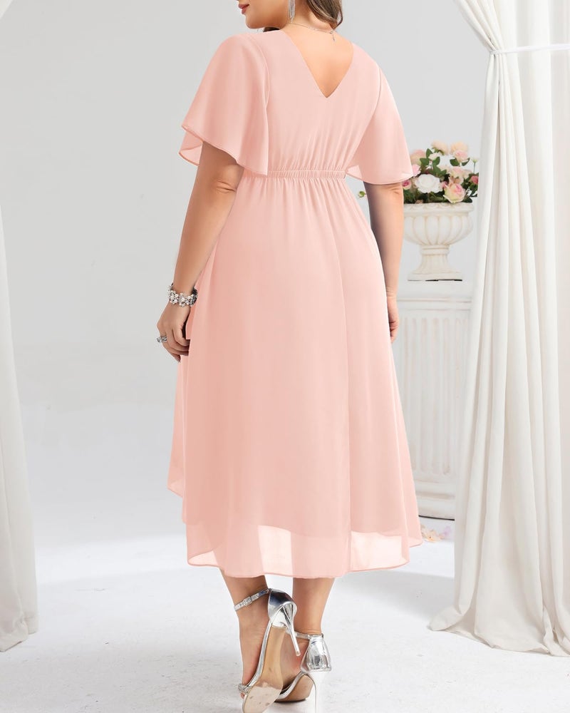 Talisea Plus Size Pink Dress Formal Wedding Guest Bridesmaid Mother of Bride Chiffon V Neck Short Sleeve High Low Dresses Women - Image 5