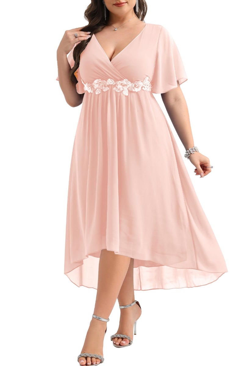 Talisea Plus Size Pink Dress Formal Wedding Guest Bridesmaid Mother of Bride Chiffon V Neck Short Sleeve High Low Dresses Women - Image 1