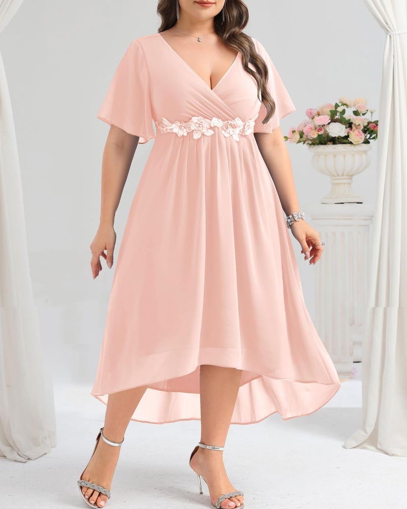 Talisea Plus Size Pink Dress Formal Wedding Guest Bridesmaid Mother of Bride Chiffon V Neck Short Sleeve High Low Dresses Women - Image 4