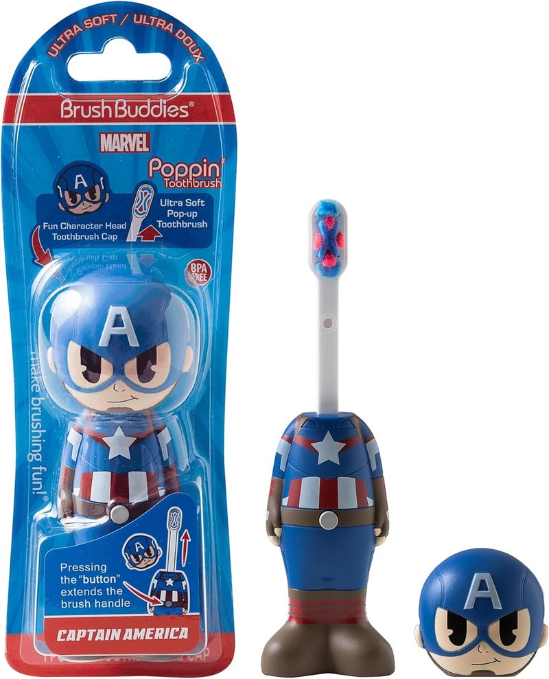براش باديز فرشاة أسنان Marvel Captain America للأطفال، شعيرات ناعمة ومستديرة، غطاء مميز على شكل بطل خارق. - Image 1