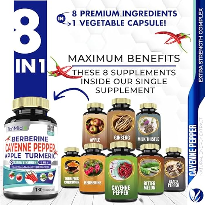 Tenmido Cayenne Pepper Supplements Extract Capsules, 180 Capsules & Berberine, Apple, Turmeric Curcumin, Bitter Melon, Ginseng, Milk Thistle | Supports Heart Health, Promotes Digestive Function - Image 2