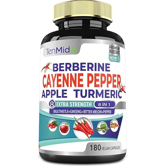 Tenmido Cayenne Pepper Supplements Extract Capsules, 180 Capsules & Berberine, Apple, Turmeric Curcumin, Bitter Melon, Ginseng, Milk Thistle | Supports Heart Health, Promotes Digestive Function - Image 1