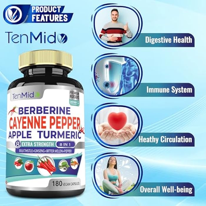 Tenmido Cayenne Pepper Supplements Extract Capsules, 180 Capsules & Berberine, Apple, Turmeric Curcumin, Bitter Melon, Ginseng, Milk Thistle | Supports Heart Health, Promotes Digestive Function - Image 5