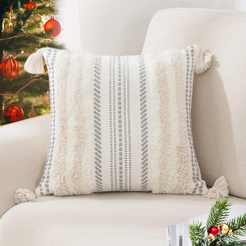 decorUhome decorUhome Decorative Boho Throw Pillow Covers 20x20  Accent Neutral Tufted Pillow Covers for Couch Bed Sofa  Textured Striped Woven Pillow Covers  Beige and Cream White  Pack of 1 - Image 1
