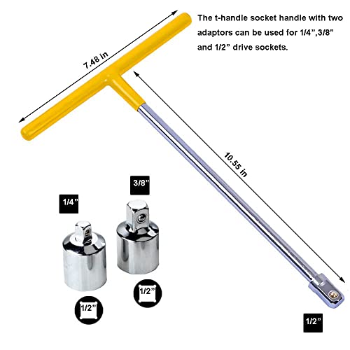 PANSHIYON T Handle Wrench,1/2-Inch Drive T Handle Socket Driver with 1/4” and 3/8” Adaptors,Yellow - Image 2