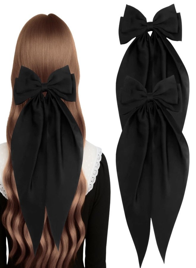 ANNACREATIONS ANNA CREATIONS 2 Pcs Large Satin Bow Hair Barrette Clips for Women & Girls - Strong Hold, Elegant Long Tail Hair Accessories for Parties, Weddings Wear & Gifting (Black) - Image 1