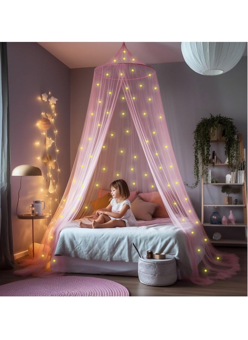UB-STORE - Pink Canopy for Girls Bed with Pre-Glued Glow in The Dark Stars - Princess Mosquito Net Room Decor - Kids & Baby Bedroom Tent with Galaxy Lights - 1 Opening Canopy Bed & Hanging Kit Included - Image 1