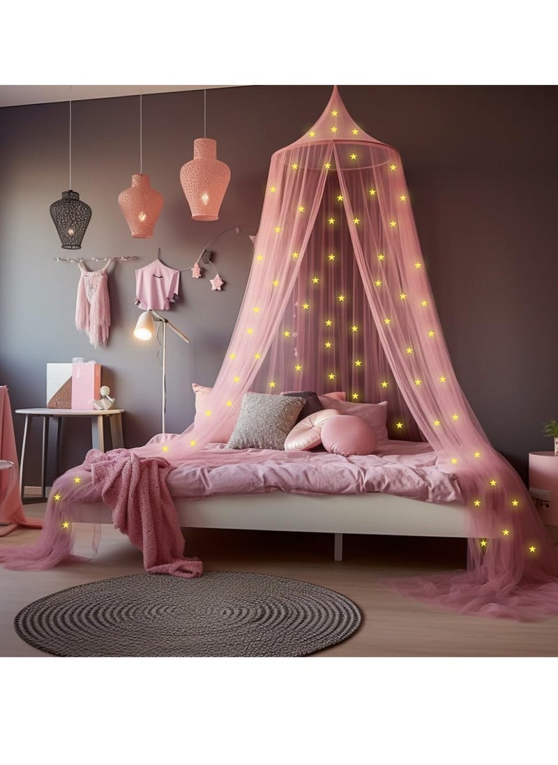 UB-STORE - Pink Canopy for Girls Bed with Pre-Glued Glow in The Dark Stars - Princess Mosquito Net Room Decor - Kids & Baby Bedroom Tent with Galaxy Lights - 1 Opening Canopy Bed & Hanging Kit Included - Image 1