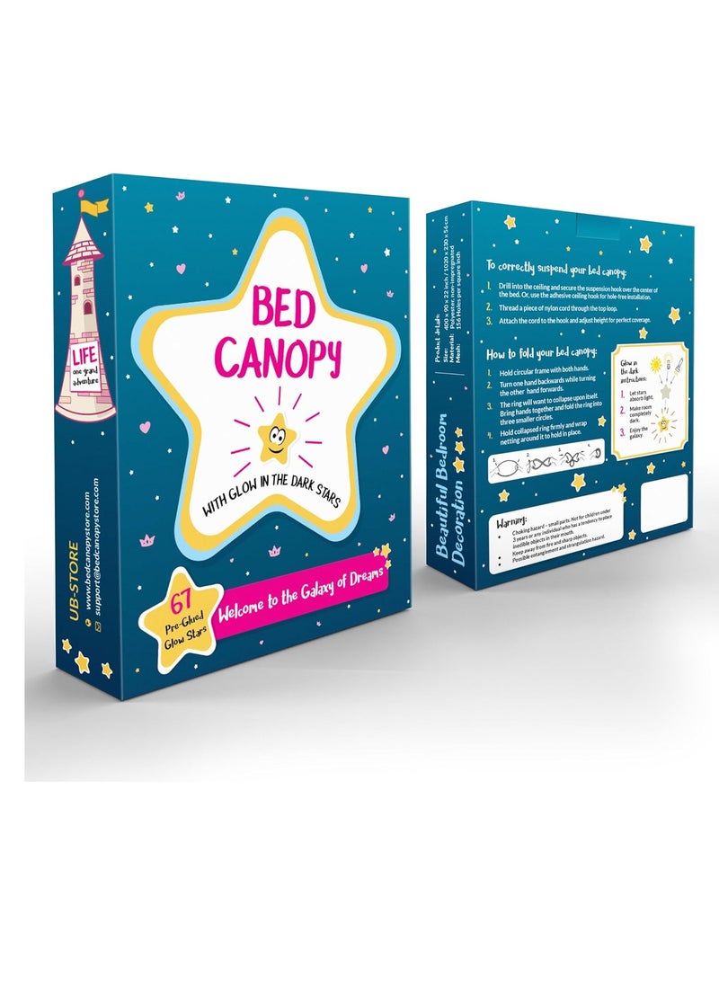 UB-STORE - Pink Canopy for Girls Bed with Pre-Glued Glow in The Dark Stars - Princess Mosquito Net Room Decor - Kids & Baby Bedroom Tent with Galaxy Lights - 1 Opening Canopy Bed & Hanging Kit Included - Image 1