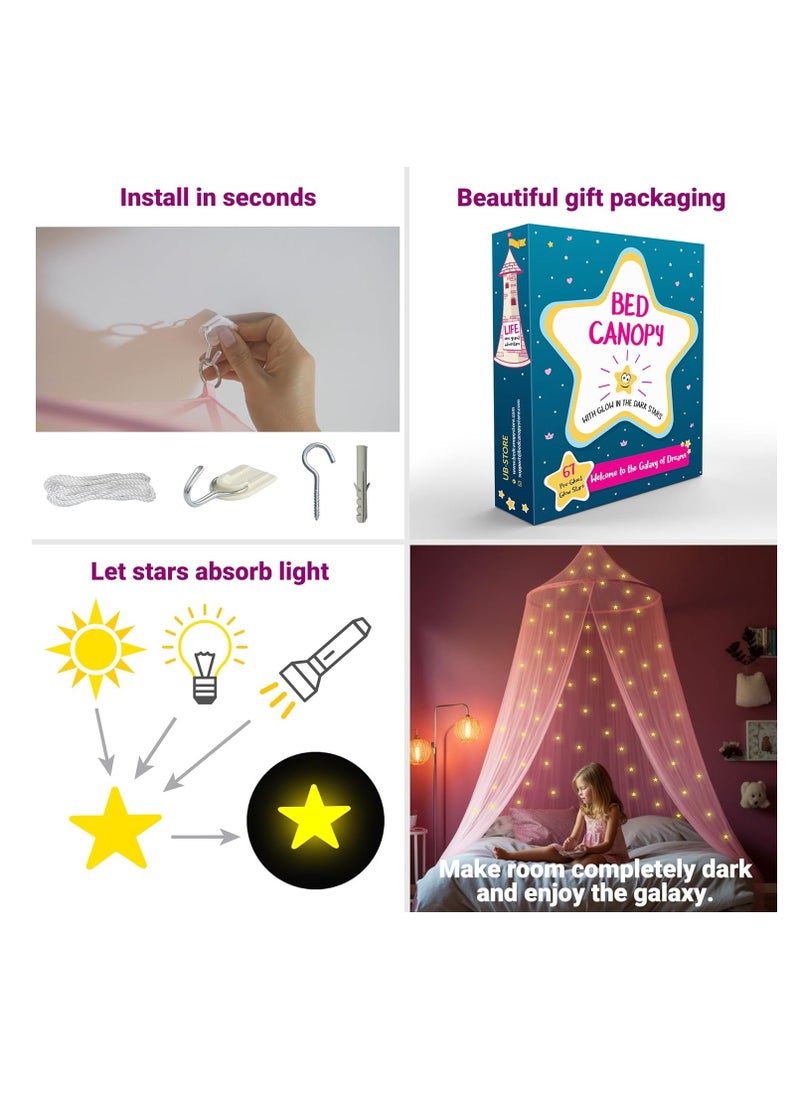 UB-STORE - Pink Canopy for Girls Bed with Pre-Glued Glow in The Dark Stars - Princess Mosquito Net Room Decor - Kids & Baby Bedroom Tent with Galaxy Lights - 1 Opening Canopy Bed & Hanging Kit Included - Image 1
