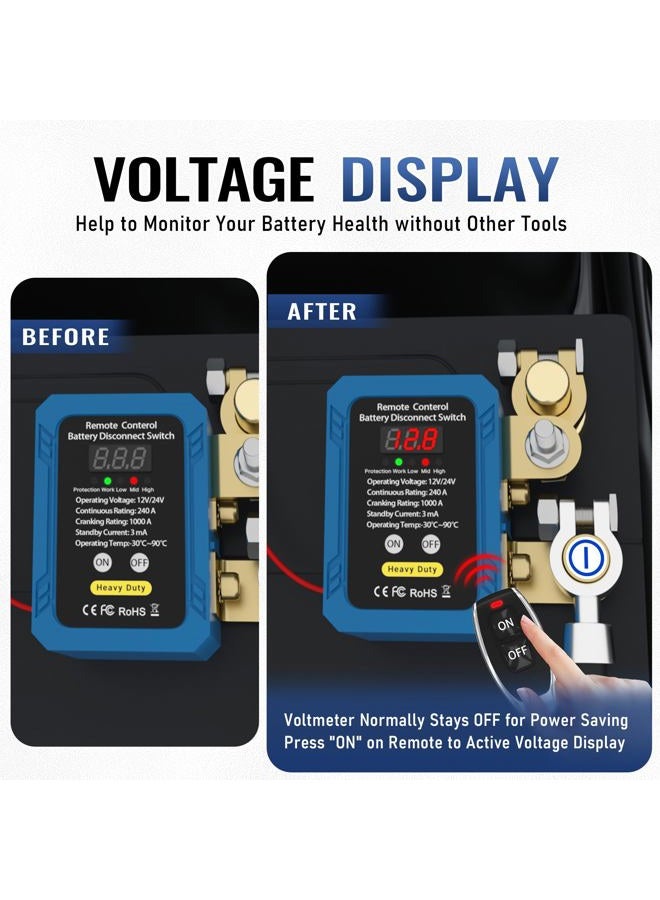 DaierTek 240A Remote Battery Disconnect Switch with Voltage Display 12V/24V Kill Switch with Voltmeter Anti Theft Cut Off Switch for Automotive Car Boat - Image 4