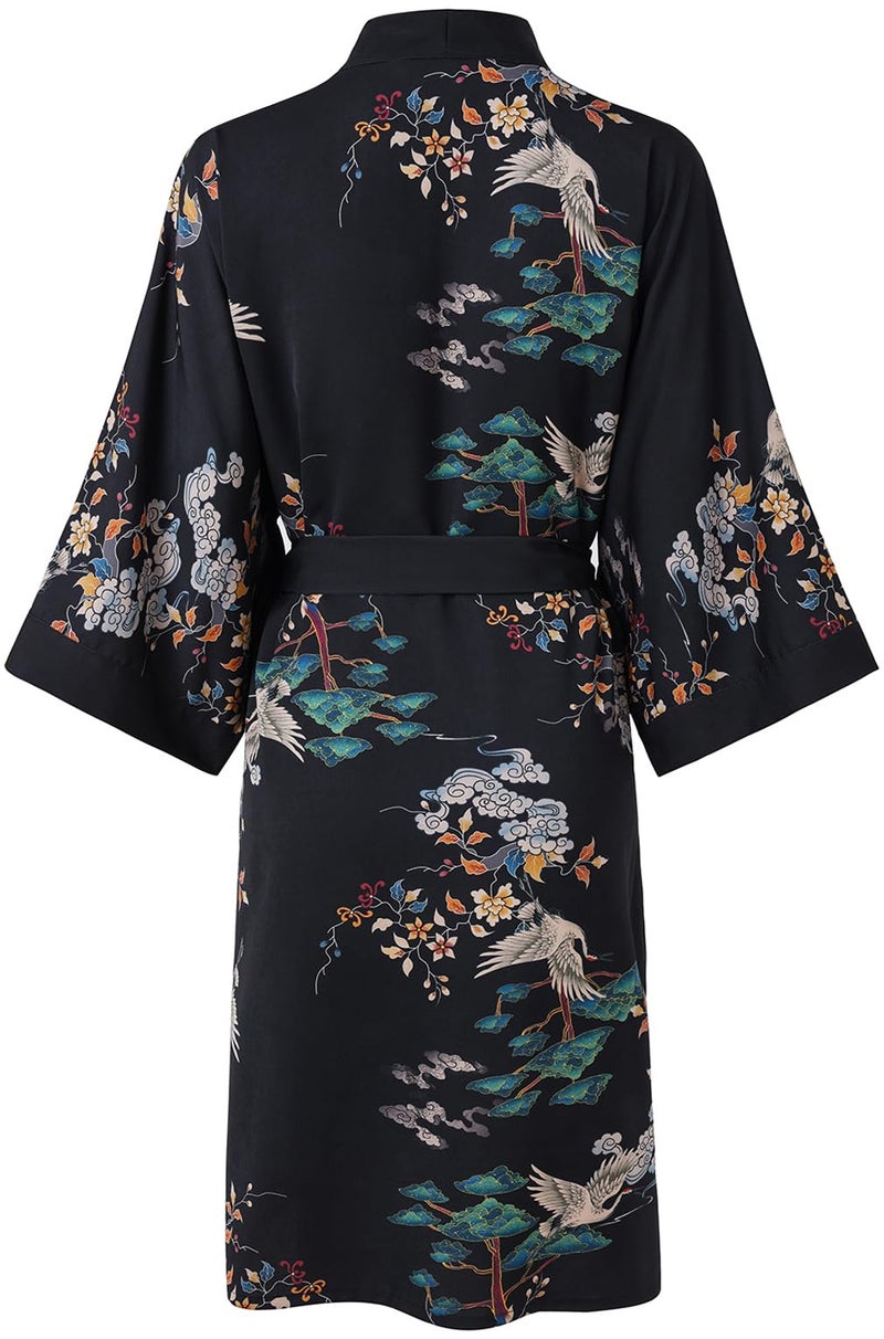 Ledamon Women's Kimono Short Robe for Women - Pocket Floral Bathrobe Nightgown (Black) - Image 2