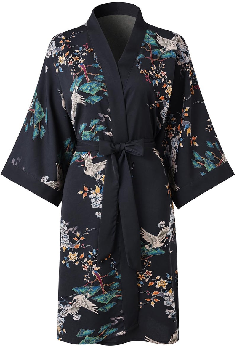 Ledamon Women's Kimono Short Robe for Women - Pocket Floral Bathrobe Nightgown (Black) - Image 1