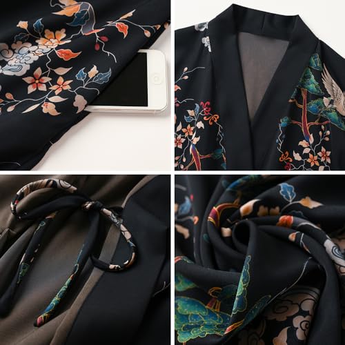 Ledamon Women's Kimono Short Robe for Women - Pocket Floral Bathrobe Nightgown (Black) - Image 3