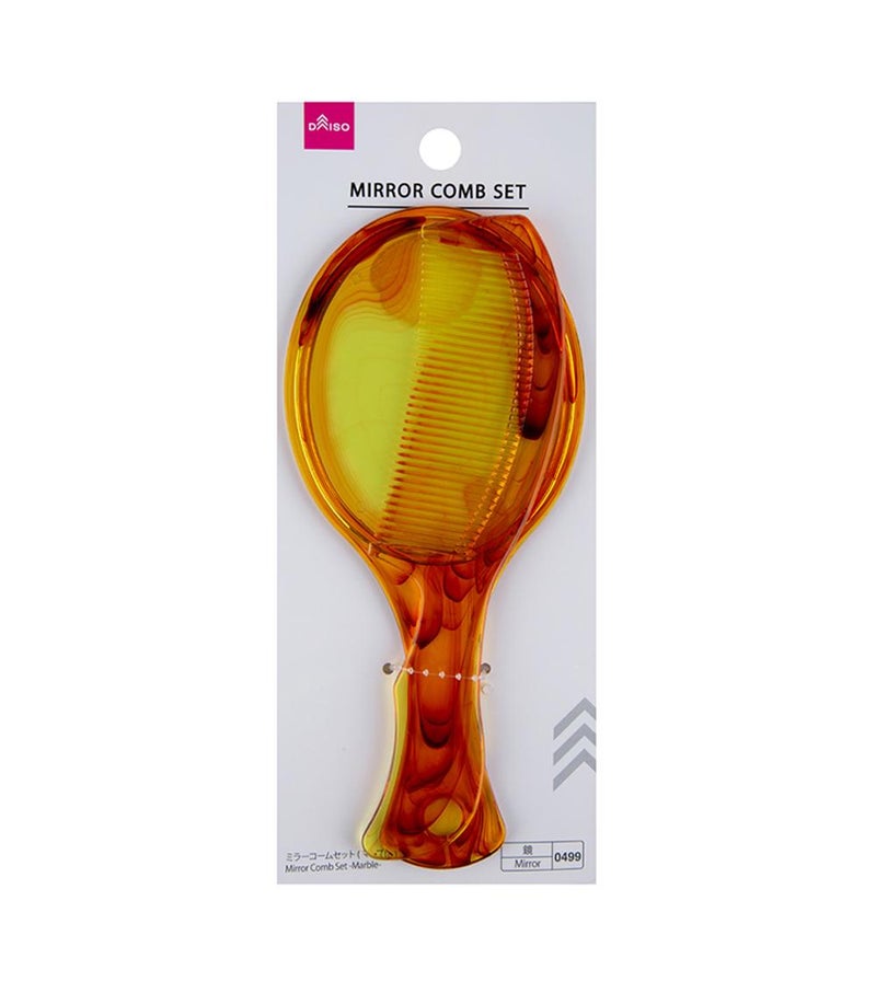 Daiso Marble-Pattern Mirror and Comb Set, Brown, Portable Hand Mirror & Hair Comb Grooming Kit for Travel, Makeup & Daily Use - Image 1