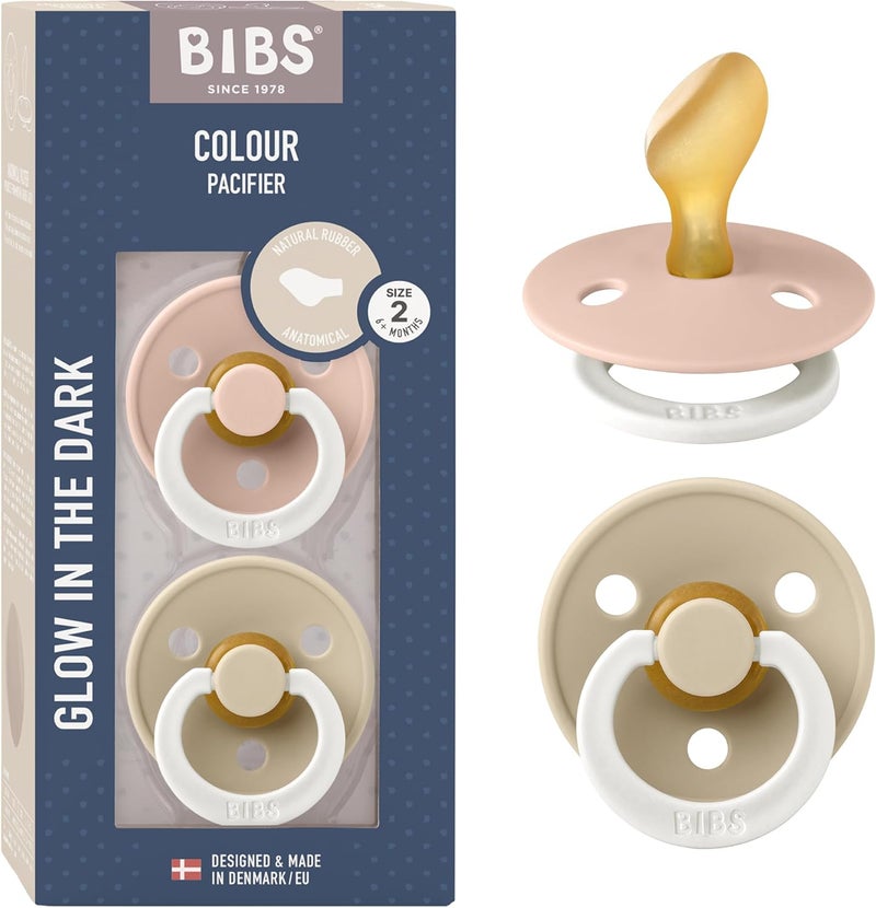 BIBS حلمات بوبس الملونة الأناتومية المتوهجة عبوة من 2، خالية من BPA، تتوهج في الظلام، شكل تقويمي، مطاط طبيعي/لاتكس، مصنوعة في الدنمارك - Image 1