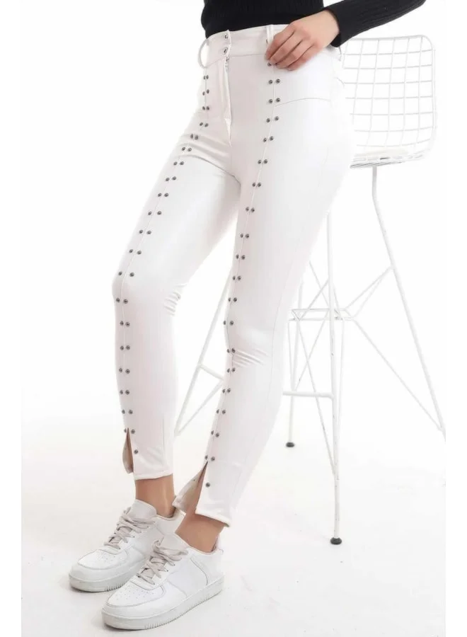 END BLACK White stone-embroidered leather leggings, size M, white.