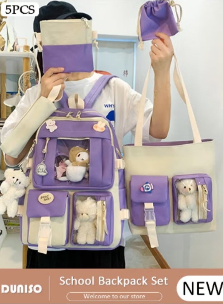 DUNISO Purple - White Color - Blocking Cute Schoolbag 5 - Piece Set | Adorable Plush Toys, Practical and Eye - Catching - Image 1