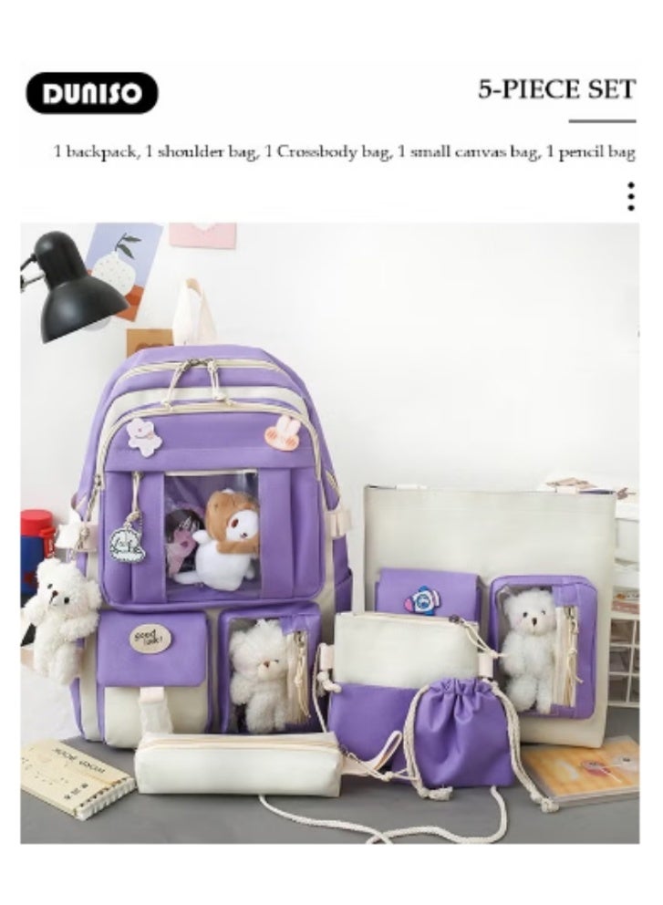 DUNISO Purple - White Color - Blocking Cute Schoolbag 5 - Piece Set | Adorable Plush Toys, Practical and Eye - Catching - Image 3