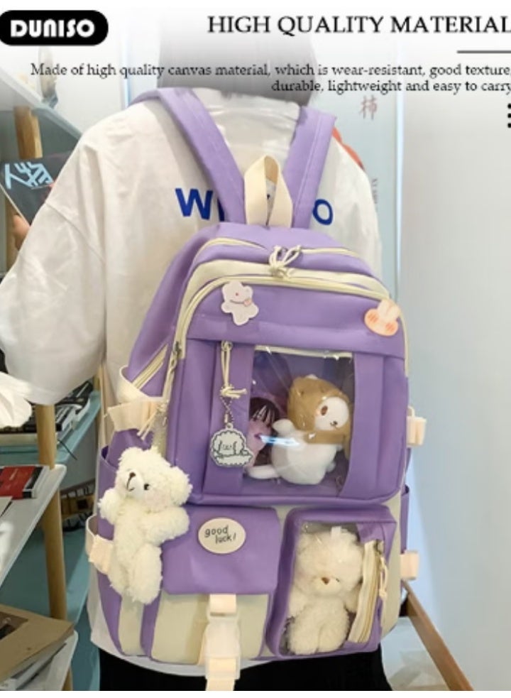 DUNISO Purple - White Color - Blocking Cute Schoolbag 5 - Piece Set | Adorable Plush Toys, Practical and Eye - Catching - Image 2