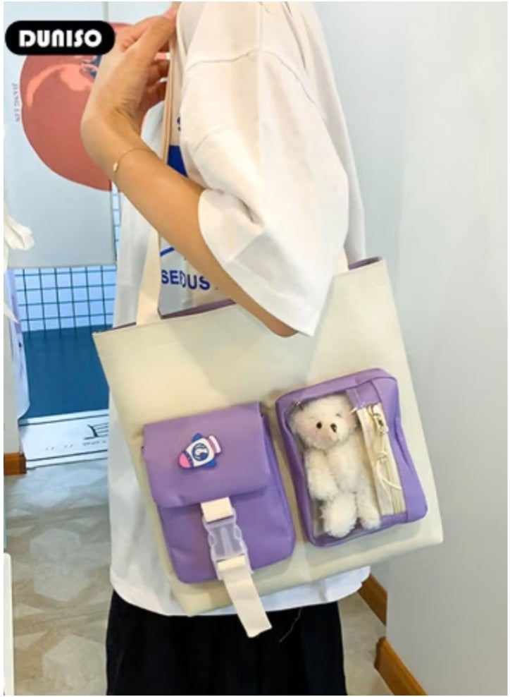 DUNISO Purple - White Color - Blocking Cute Schoolbag 5 - Piece Set | Adorable Plush Toys, Practical and Eye - Catching - Image 4