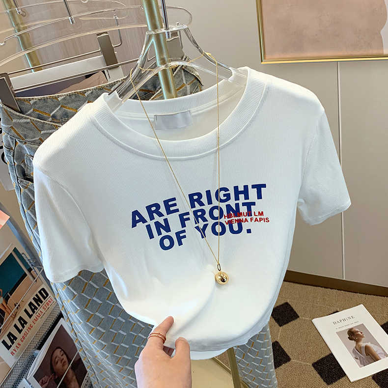Trendy Brand Letter Printed Short-Sleeved Threaded T-Shirt Women'S 2025 All-Match Slim Look Chic Short Top Ins - Image 1