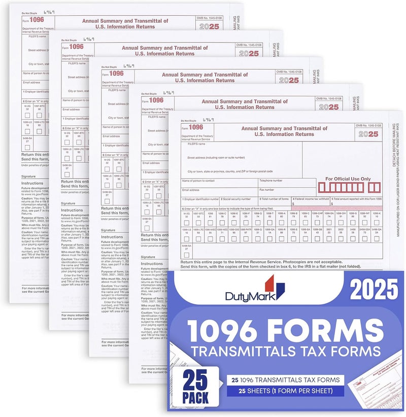 Dutymark 1096 Transmittal Tax Forms 2025, 25 Pack of 1096 Summary Laser Tax Forms, Compatible with QuickBooks and Accounting Software, Use for 1099 NEC, MISC, INT, and Other 1099 Forms - Image 1