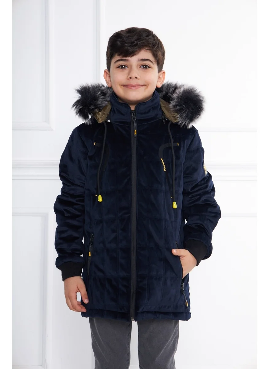 Sivaist Navy Blue Boy Water and Windproof Detachable Hooded Velvet Coat & Jacket