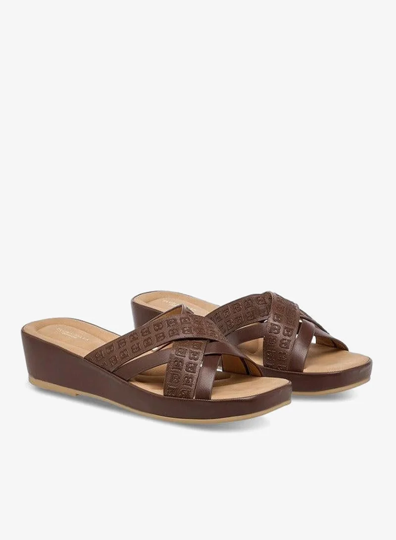 Monogram Logo Embossed Cross Strap Slip-On Sandals