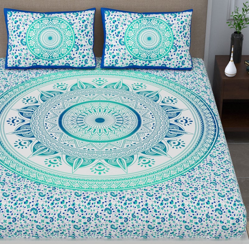 SheetKart 100% Cotton Bedsheet for Double Bed King Size with 2 Pillow Covers,Ombre Mandala Jaipuri Printed Bed Sheet-Turquoise Treat,144 TC - Image 2