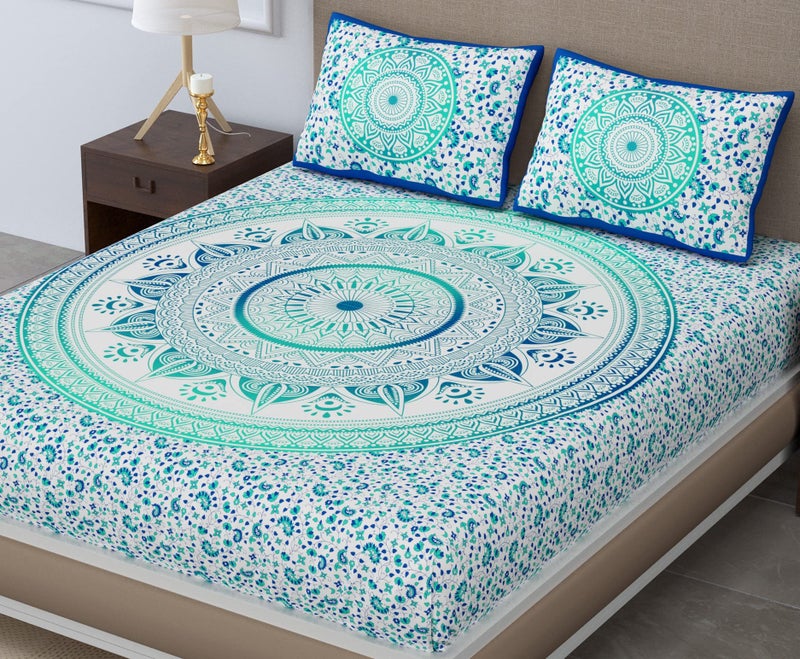 SheetKart 100% Cotton Bedsheet for Double Bed King Size with 2 Pillow Covers,Ombre Mandala Jaipuri Printed Bed Sheet-Turquoise Treat,144 TC - Image 1