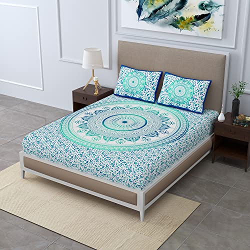 SheetKart 100% Cotton Bedsheet for Double Bed King Size with 2 Pillow Covers,Ombre Mandala Jaipuri Printed Bed Sheet-Turquoise Treat,144 TC - Image 3