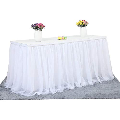 Suppromo 14ft White Tulle Table Skirt Tutu Table Skirt Tablecloth Decorations for Rectangle or Round Tables for Birthday Party Baby Shower Wedding Buffet Banquet Decoration(L14(ft)*H 30in) - Image 1