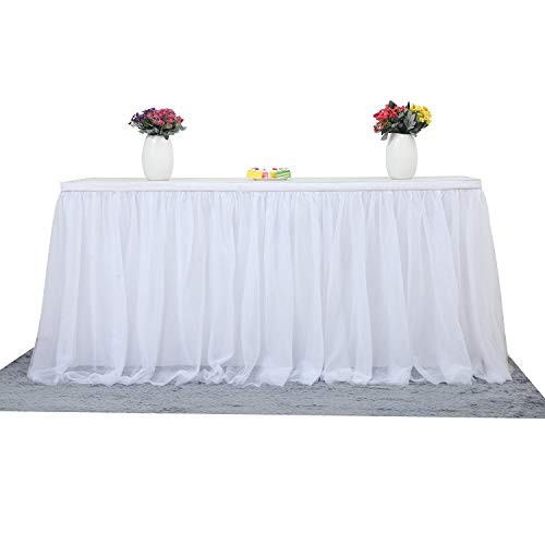 Suppromo 14ft White Tulle Table Skirt Tutu Table Skirt Tablecloth Decorations for Rectangle or Round Tables for Birthday Party Baby Shower Wedding Buffet Banquet Decoration(L14(ft)*H 30in) - Image 2