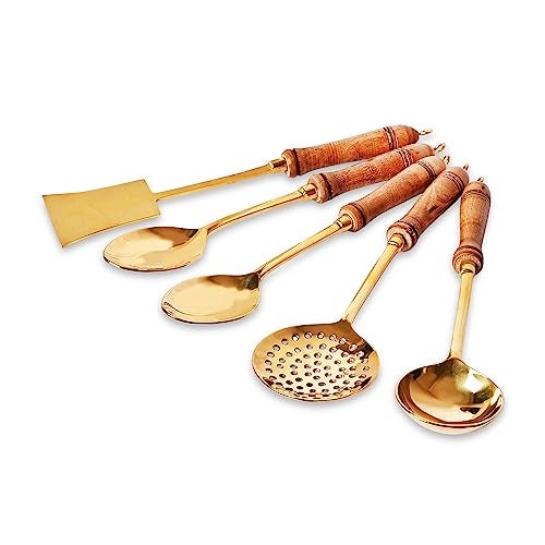 Crafty Essentials Pure Brass Non Stick Cooking & Serving Kitchen Tools Spoon Flip Spatulla Ladle Salad Set Of 5 Golden Color - 40.64 Cm - Image 1