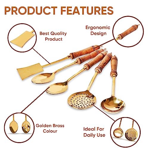 Crafty Essentials Pure Brass Non Stick Cooking & Serving Kitchen Tools Spoon Flip Spatulla Ladle Salad Set Of 5 Golden Color - 40.64 Cm - Image 2