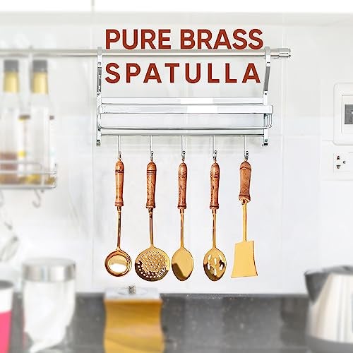 Crafty Essentials Pure Brass Non Stick Cooking & Serving Kitchen Tools Spoon Flip Spatulla Ladle Salad Set Of 5 Golden Color - 40.64 Cm - Image 3