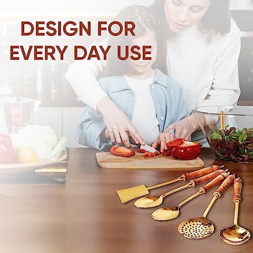 Crafty Essentials Pure Brass Non Stick Cooking & Serving Kitchen Tools Spoon Flip Spatulla Ladle Salad Set Of 5 Golden Color - 40.64 Cm - Image 5