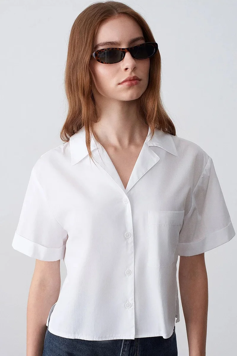 DILVIN Women's Cotton Poplin Crop Shirt