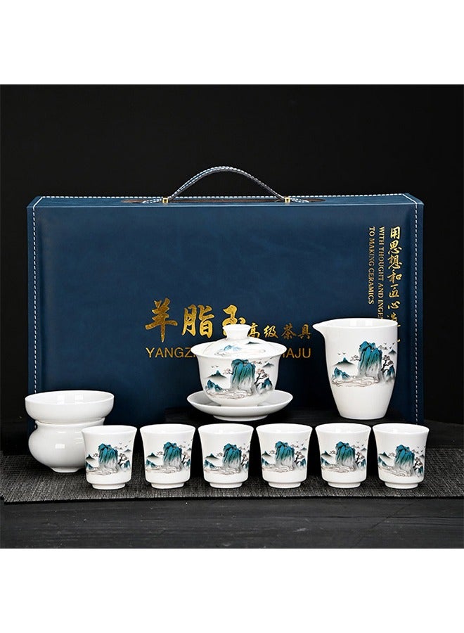 XiuWoo Chinese Gongfu Tea Set for Adults, Asian Gaiwan Tea Sets with Teapet & Yangzhi Jade, 10-Piece Blue Leather Case Teaset for Home, Office, Gifts (Jinxiu Shanhe) - Image 1