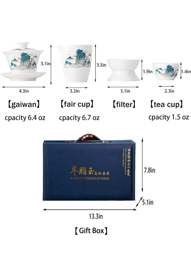 XiuWoo Chinese Gongfu Tea Set for Adults, Asian Gaiwan Tea Sets with Teapet & Yangzhi Jade, 10-Piece Blue Leather Case Teaset for Home, Office, Gifts (Jinxiu Shanhe) - Image 2