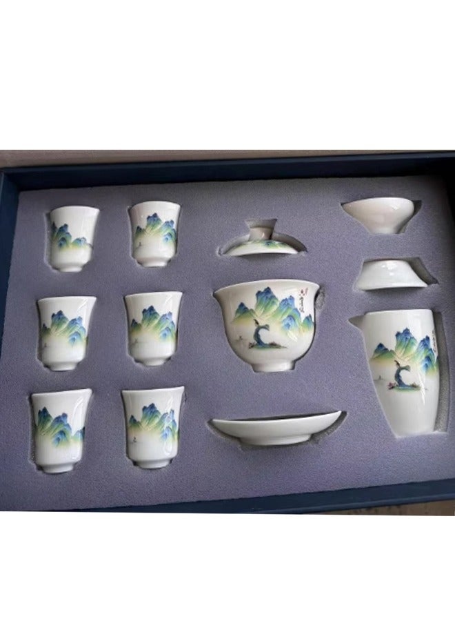 XiuWoo Chinese Gongfu Tea Set for Adults, Asian Gaiwan Tea Sets with Teapet & Yangzhi Jade, 10-Piece Blue Leather Case Teaset for Home, Office, Gifts (Jinxiu Shanhe) - Image 5