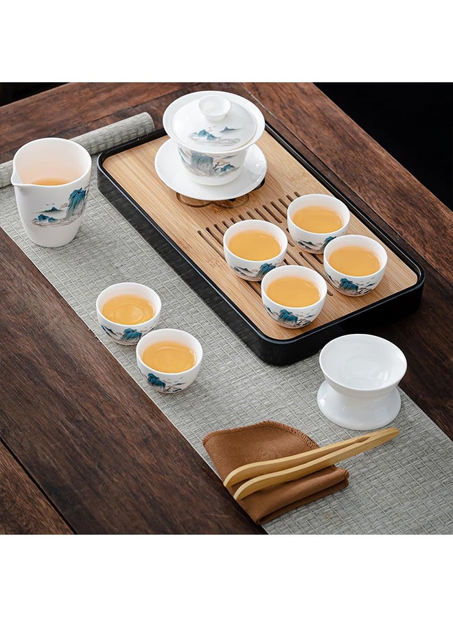 XiuWoo Chinese Gongfu Tea Set for Adults, Asian Gaiwan Tea Sets with Teapet & Yangzhi Jade, 10-Piece Blue Leather Case Teaset for Home, Office, Gifts (Jinxiu Shanhe) - Image 4