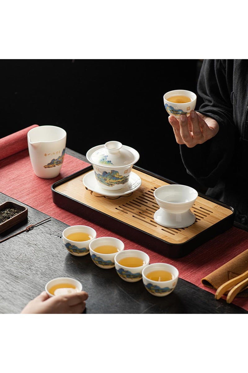 XiuWoo Chinese Gongfu Tea Set for Adults, Asian Gaiwan Tea Sets with Teapet & Yangzhi Jade, 10-Piece Blue Leather Case Teaset for Home, Office, Gifts (Jinxiu Shanhe) - Image 3