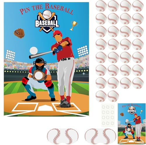 PLULON Pin The Baseball Party Game for Kids Pin The Baseball on The Glove and Bat Large Poster with Stickers for Boys Girls Birthday Party Wall Decorations Classroom Activities - Image 1