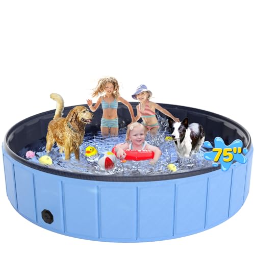 EPN Large Foldable Dog Pool 75”x16”, EPN Heavy Duty Hard PVC Collapsible Dog Pool for Large Dogs and Kids, Leakproof Non-Slip Pet Wading & Bathing Tub with Drain, for Indoor & Outdoor Use - Image 1
