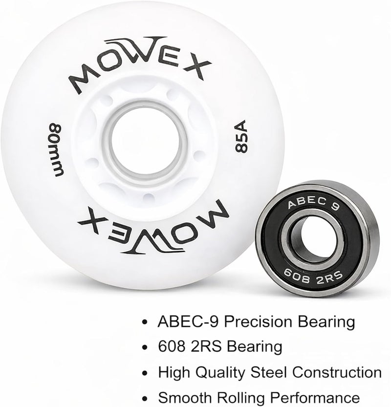 اورز عجلات تزلج خطية LED فلاش MOWEX مع محامل ABEC-9، عجلات استبدال ناعمة للتزلج في الأماكن المغلقة والمفتوحة، حزمة 80 مم. (أبيض (قطعة واحدة)، 80 مم) - Image 4