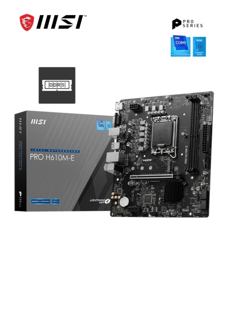 PRO H610M-E | DDR5 Motherboard, Micro-ATX | Supports Intel 12th Gen Core Processors | LGA 1700- DDR4 , PCIe 4.0 x16 slot | M.2 Gen3, USB 3.2 Gen1, 1G LAN, HDMI 1.4 & VGA | 911-7D48-075